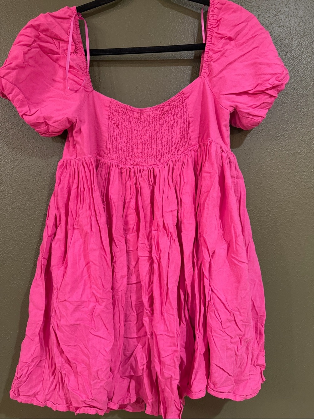 Hot Pink Puff-Sleeve Mini Dress with Smocked Bodice